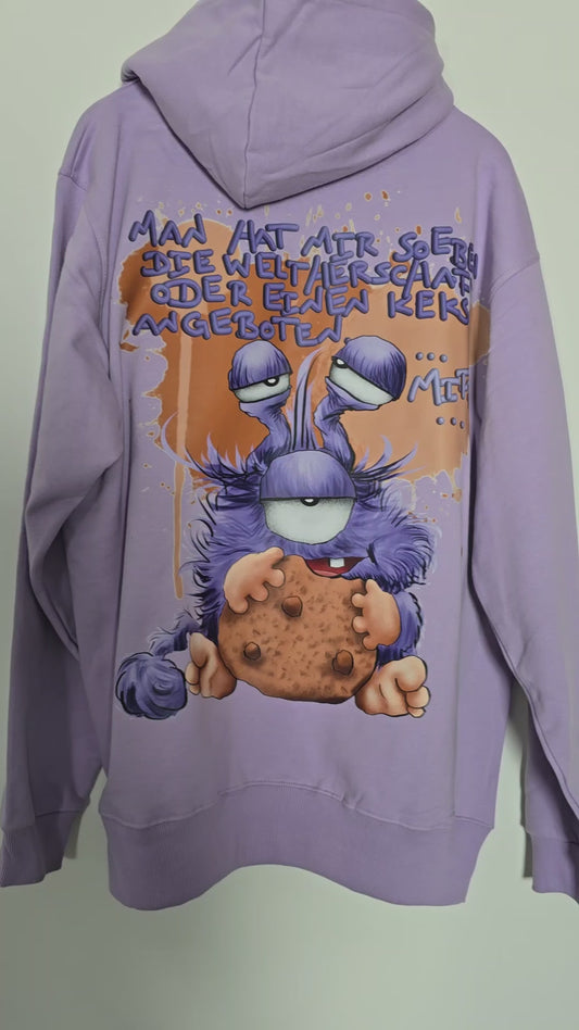 Unisex Hoodie XXL Druck Kruegerhausdesign Monster in flieder Gr. XL, Monster: Man hat mir soeben die Weltherrschaft oder einen Keks angeboten...