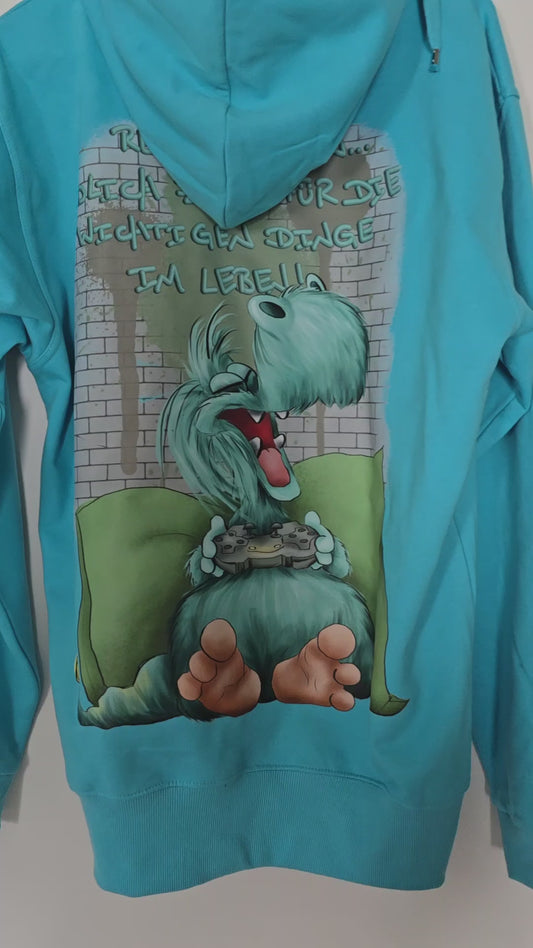 Unisex Hoodie XXL Druck Kruegerhausdesign Monster in türkis mit Olli Monster Relaxation… Gr.L