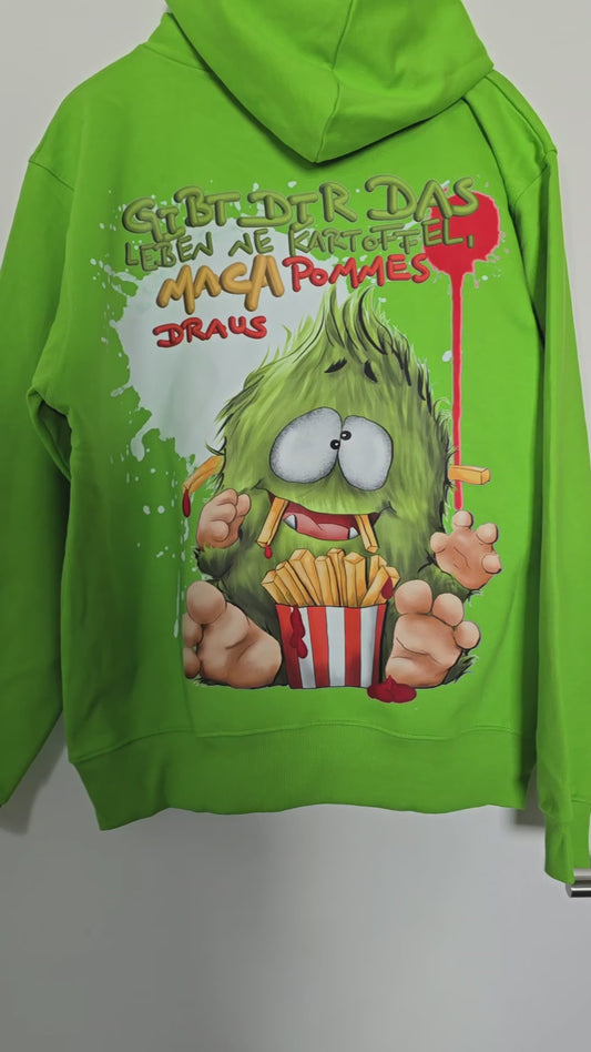 Unisex Hoodie XXL Druck Kruegerhausdesign Monster in lime green Gr. L, Gibt dir das Leben 'ne Kartoffel..