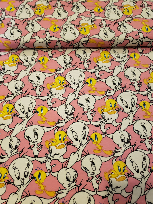 Looney Tunes Jersey Stoff rosa mit Tweety , Lizenzstoff
