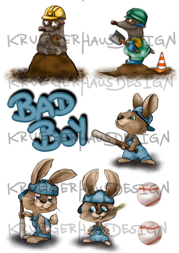 A4 Bügelbild Bad Boy Hase und Bagger Maulwurf , mit Liebe illustriert