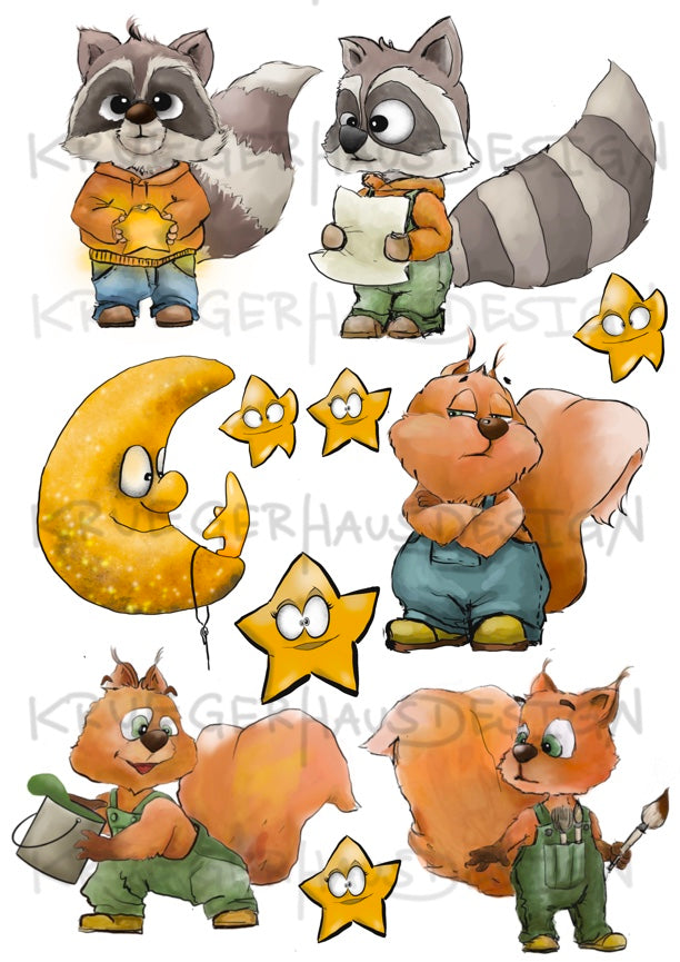 A4 Bügelbild Sternenflüsterer Waschbär, Eichhörnchen , mit Liebe illustriert