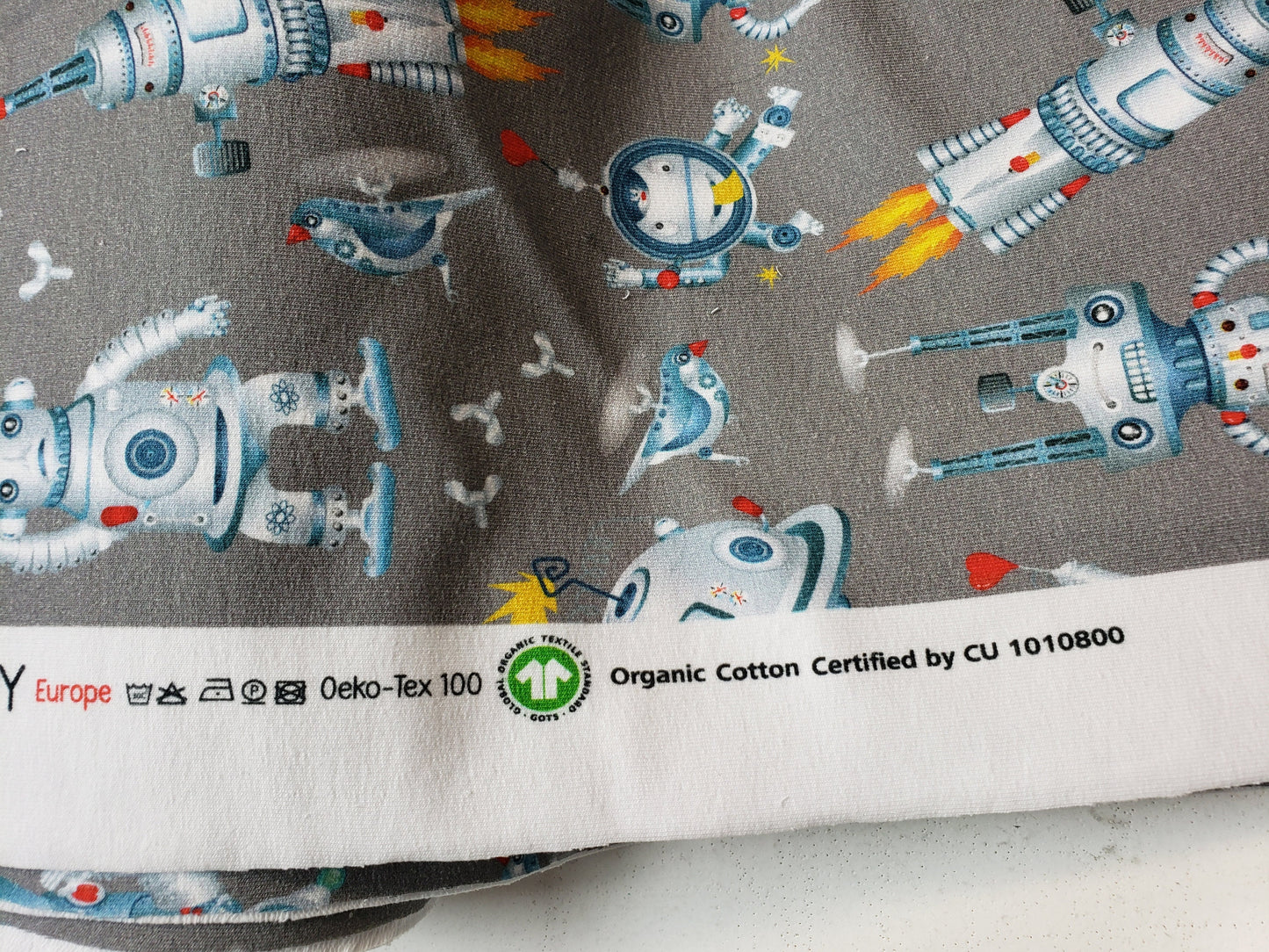 1m Organic Cotton, Sommer Sweat, French Terry, Stoff,  Roboter Space, grau